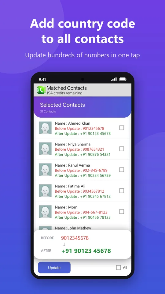 Preview of contacts before and after adding the +91 country code