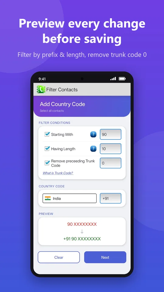 Filter screen with preview of the number change
